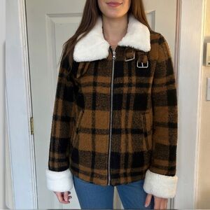 Bloomingdales Aqua Plaid Faux Fur Trimmed Jacket